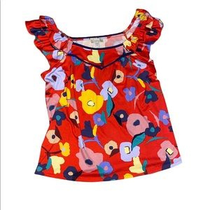 Floral mosaic fashion top ruffle shoulder size small